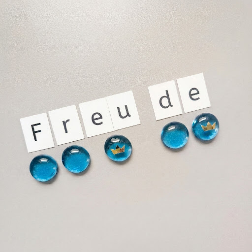 Freude letter tiles and blue glass stones